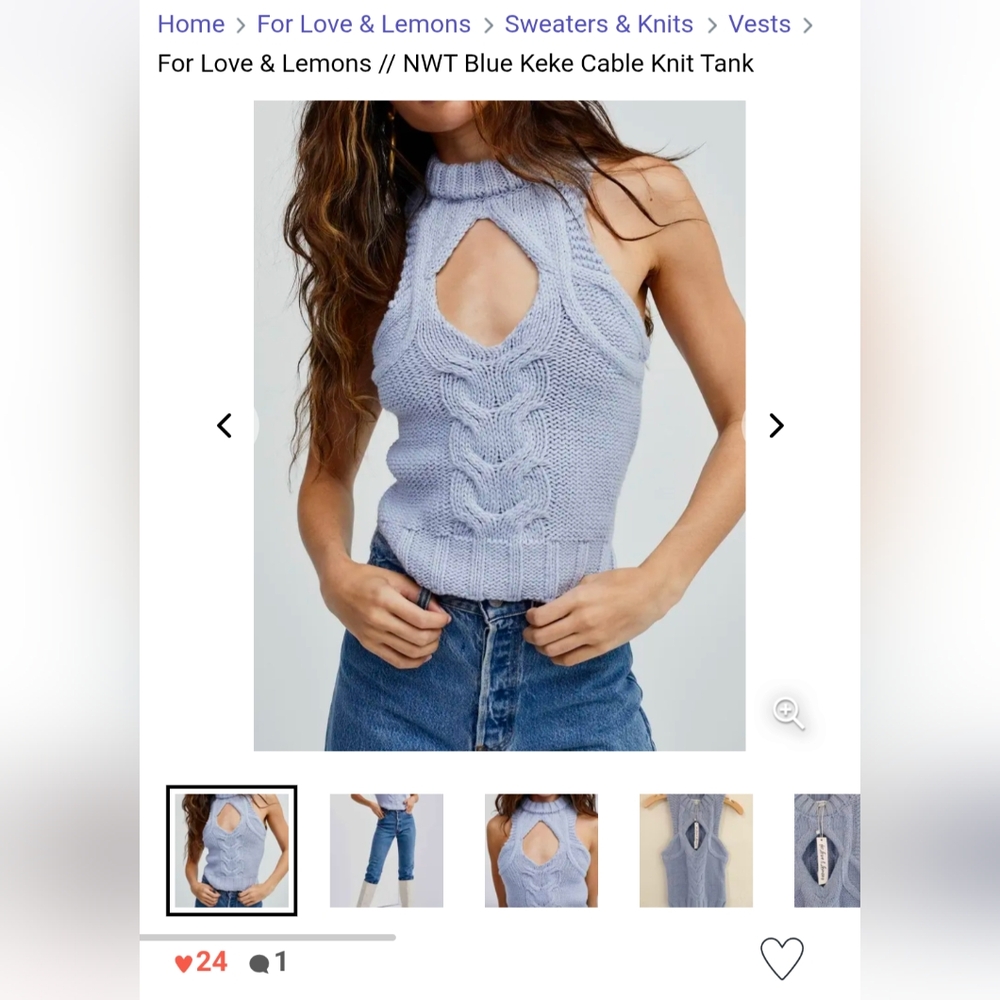 For Love And Lemons Blue Cable Knit Tank Top